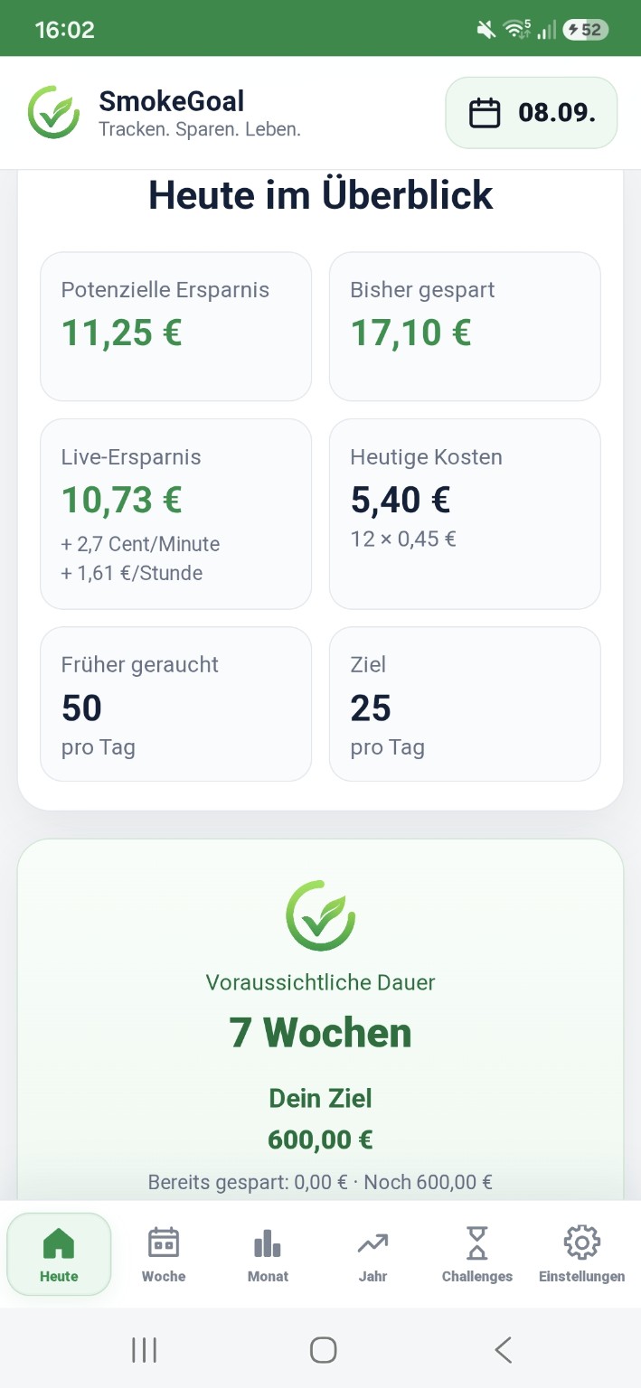 SmokeGoal Tagesübersicht mit Sparziel und voraussichtlicher Dauer