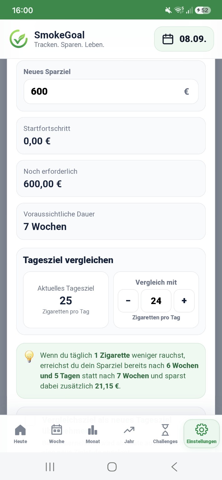 SmokeGoal Vergleich des Tagesziels mit Sparziel und zusätzlicher Ersparnis