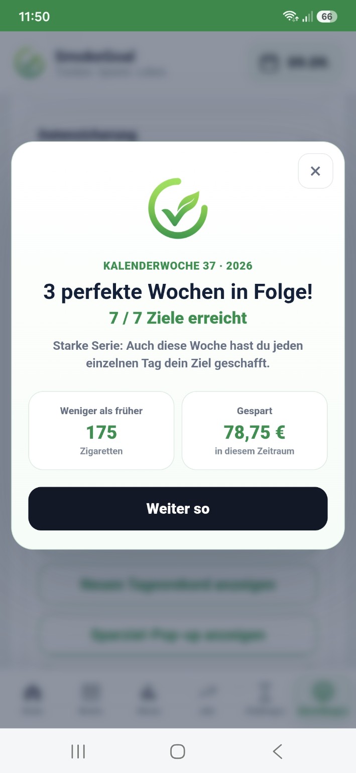 SmokeGoal achievement for three perfect weeks in a row