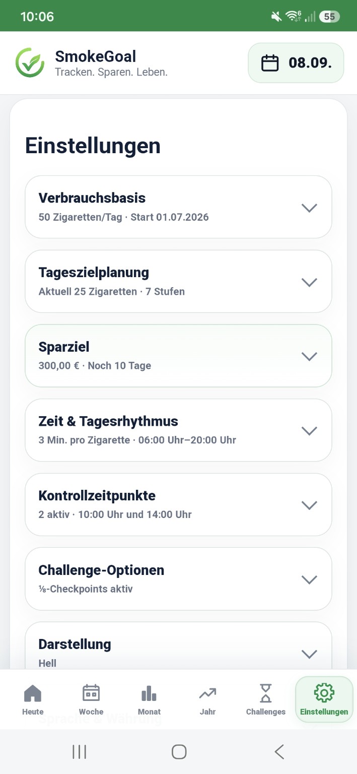 SmokeGoal Einstellungen