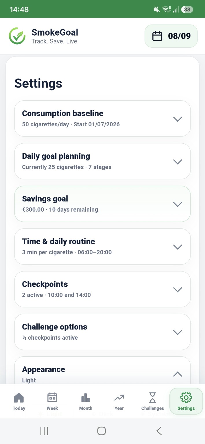 SmokeGoal settings