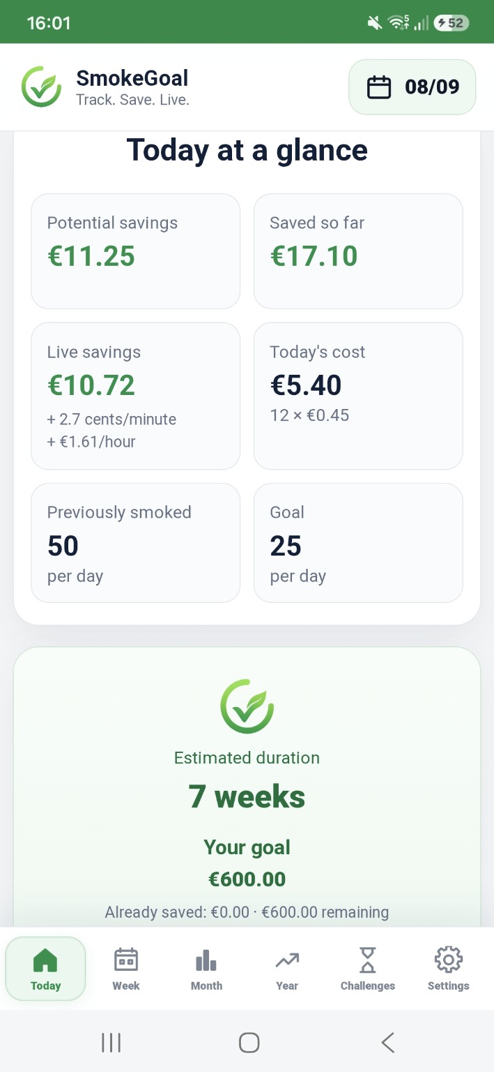 SmokeGoal Today overview with savings goal and estimated duration
