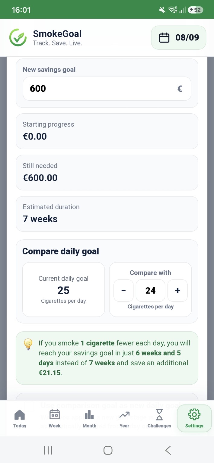 SmokeGoal daily goal comparison with savings goal and additional savings