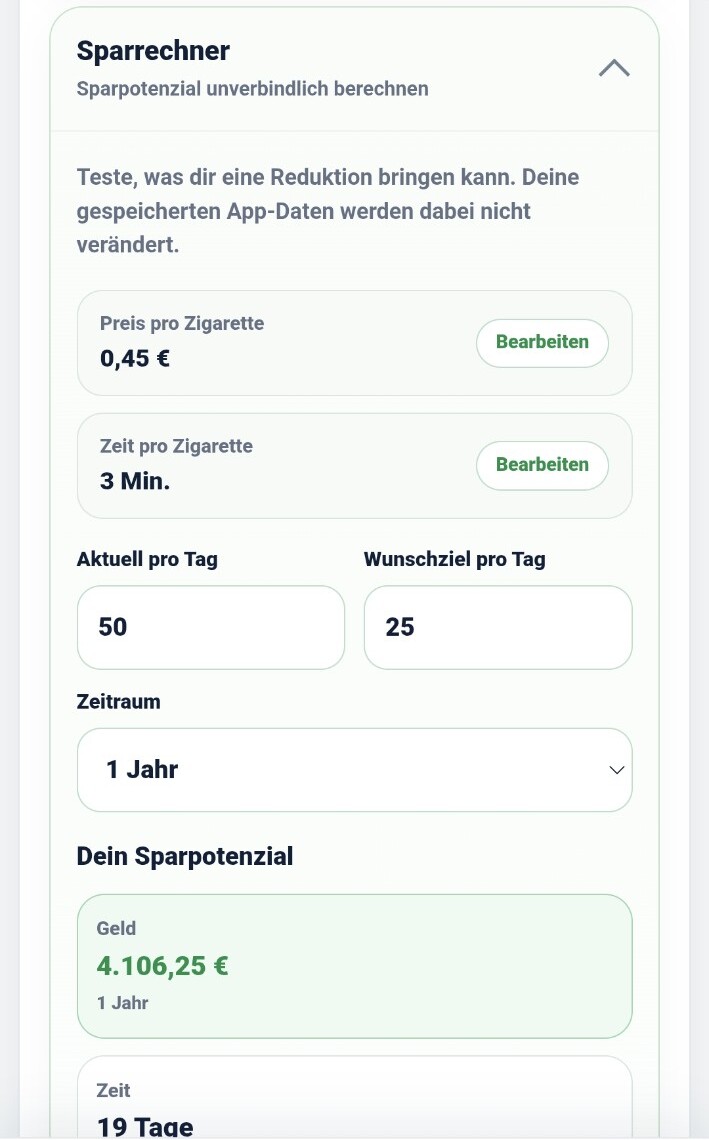 SmokeGoal savings calculator showing potential savings in money and time